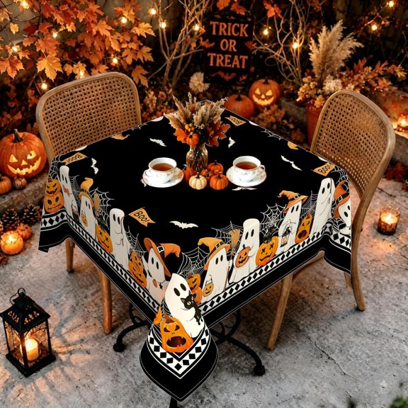 54x54inch/60x60inch, Square Halloween Tablecloth,Black Pumpkin Ghost Tablecloth