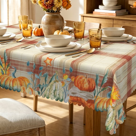 54x72 Inch Fall Tablecloth Red Buffalo Checked Pumpkin Rectangular Table Cover Farmhouse Autumn Table Cloth for Thanksgiving Kitchen Dining Party