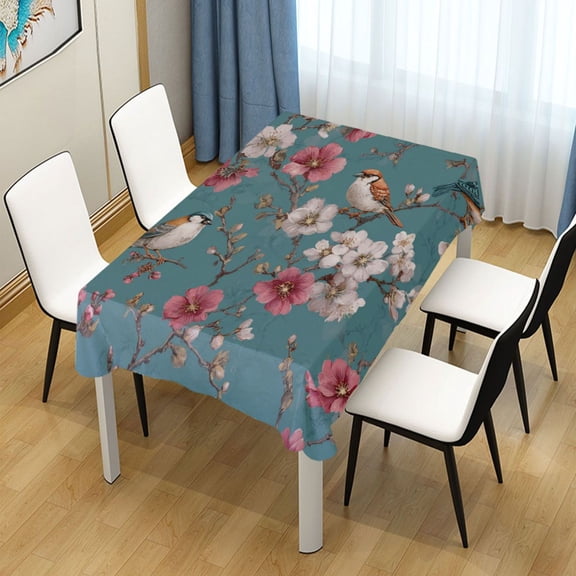 54x72 Inch Tablecloth Polyester Square Tablecloth for Home Kitchen Dinner Decor Birds and Cherry Pattern