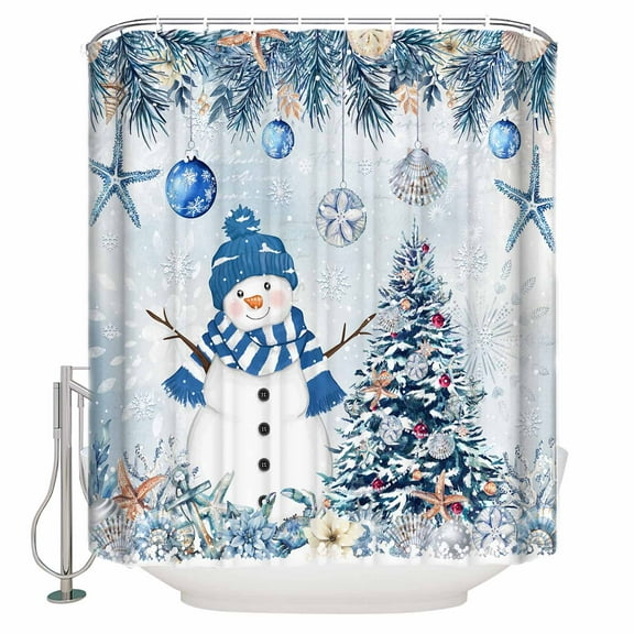 54x78 Inch Shower Curtain Decorative Blue Coastal Christmas Bathtub Bath Curtains Fabric Waterproof Bathroom Decor Xmas Tree Nautical Starfish Small Stall Shower Curtain Set with 12 Hooks
