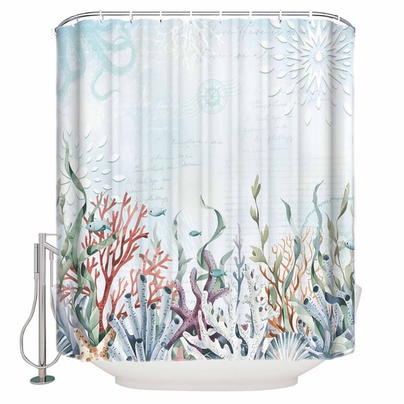 54x78 Inch Shower Curtain Decorative Blue Coral Coastal Bathtub Bath Curtains Fabric Waterproof Bathroom Decor Ocean Starfish Nautical Botanical Small Stall Shower Curtain Set with 12 Hooks