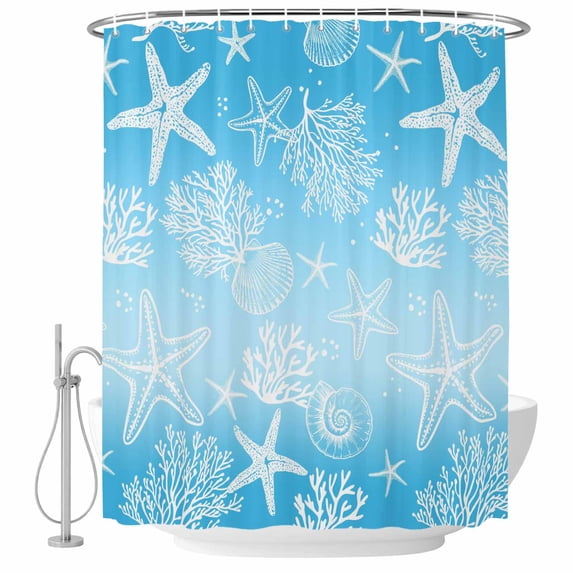 54x78 Inch Shower Curtain Decorative Blue Ombre Coastal Bathtub Bath Curtains Fabric Waterproof Bathroom Decor, Sea Nautical Summer Beach Starfish Coral Small Stall Shower Curtain Set with 12 Hooks