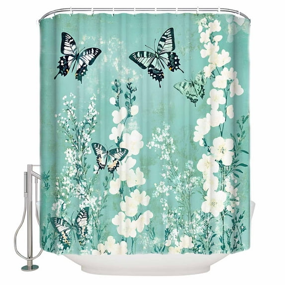 54x78 Inch Shower Curtain Decorative Butterfly Flower Bathtub Bath Curtains Fabric Waterproof Bathroom Decor Retro Green Botanical Plant Leaves Small Stall Shower Curtain Set with 12 Hooks