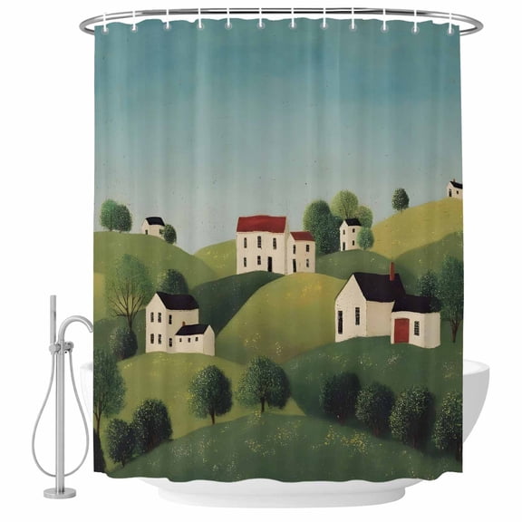 54x78 Inch Shower Curtain Decorative Cartoon Country Bathtub Bath Curtains Fabric Waterproof Bathroom Decor, Cute Farmhouse Cabins Green Trees Small Stall Shower Curtain Set with 12 Hooks