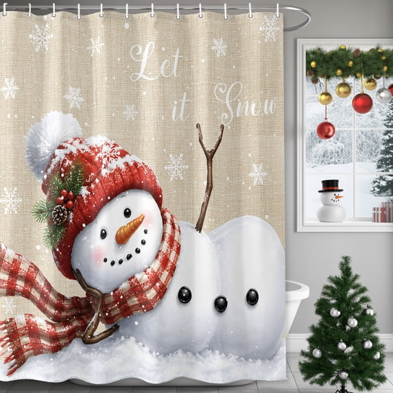 54x78 Inch Shower Curtain Decorative Christmas Scarf Snowman Bathtub Bath Curtains Fabric Waterproof Bathroom Decor, Beige Winter Xmas Snowflake Small Stall Shower Curtain Set with 12 Hooks
