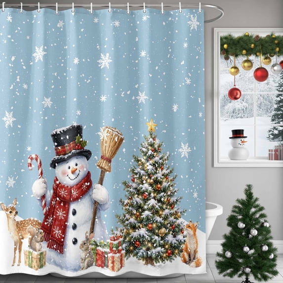 54x78 Inch Shower Curtain Decorative Christmas Snowman Bathtub Bath Curtains Fabric Waterproof Bathroom Decor, Xmas Pine Tree Winter Snowflakes Sky Blue Small Stall Shower Curtain Set with 12 Hooks