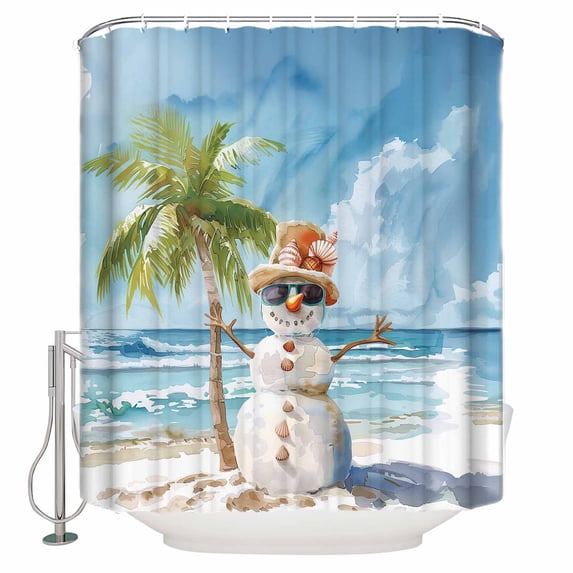54x78 Inch Shower Curtain Decorative Coastal Christmas Bathtub Bath Curtains Fabric Waterproof Bathroom Decor Xmas Snowman Beach Nautical Small Stall Shower Curtain Set with 12 Hooks