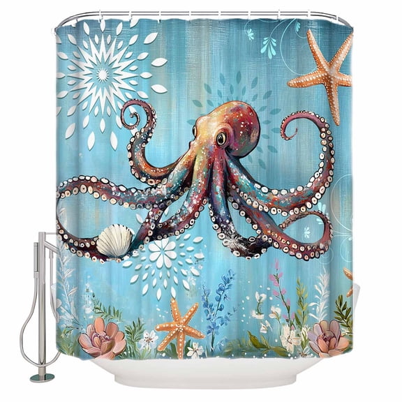 54x78 Inch Shower Curtain Decorative Coastal Octopus Bathtub Bath Curtains Fabric Waterproof Bathroom Decor Turquoise Floral Starfish Plant Spring Small Stall Shower Curtain Set with 12 Hooks