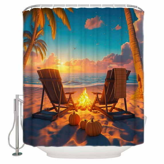54x78 Inch Shower Curtain Decorative Fall Coastal Bathtub Bath Curtains Fabric Waterproof Bathroom Decor Autumn Beach Seaside Pumpkins Sunset Small Stall Shower Curtain Set with 12 Hooks
