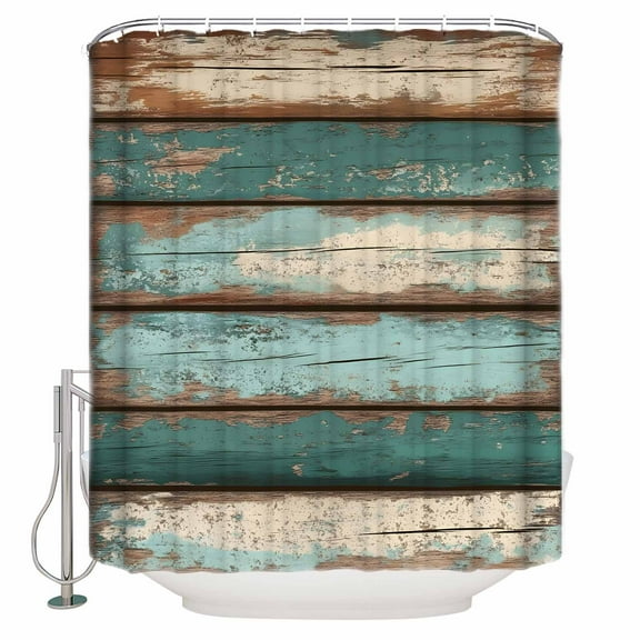 54x78 Inch Shower Curtain Decorative Farmhouse Teal Blue Brown Bathtub Bath Curtains Fabric Waterproof Bathroom Decor Vintage Wooden Small Stall Shower Curtain Set with 12 Hooks