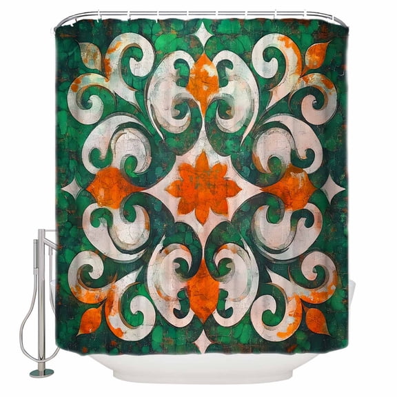 54x78 Inch Shower Curtain Decorative Green Burnt Orange Bathtub Bath Curtains Fabric Waterproof Bathroom Decor Boho Ethnic Flower Abstract Small Stall Shower Curtain Set with 12 Hooks
