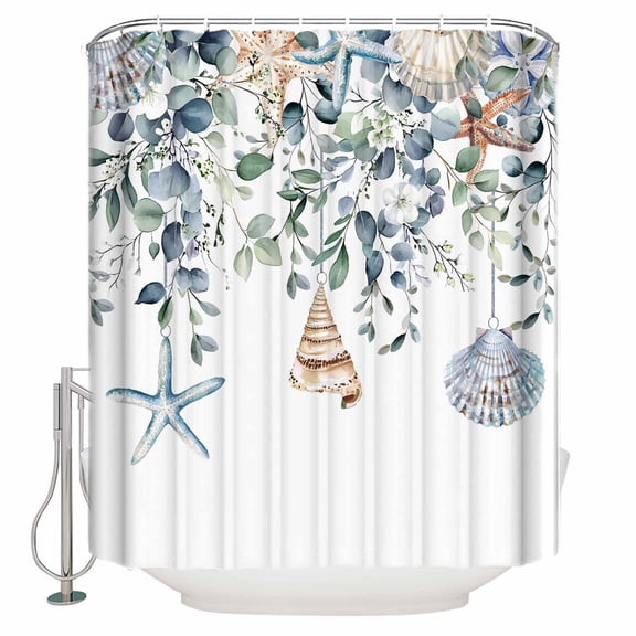 54x78 Inch Shower Curtain Decorative Green Teal Eucalyptus Bathtub Bath Curtains Fabric Waterproof Bathroom Decor Coastal Summer Starfish Small Stall Shower Curtain Set with 12 Hooks