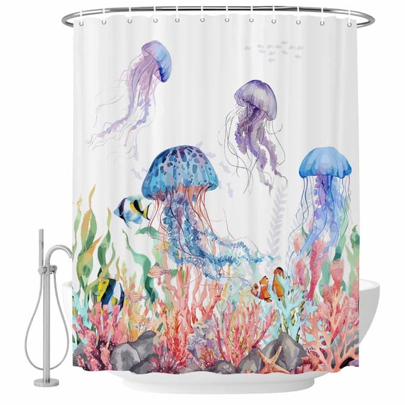 54x78 Inch Shower Curtain Decorative Jellyfish Coastal Bathtub Bath Curtains Fabric Waterproof Bathroom Decor, Summer Beach Blue Purple Coral Ocean Small Stall Shower Curtain Set with 12 Hooks