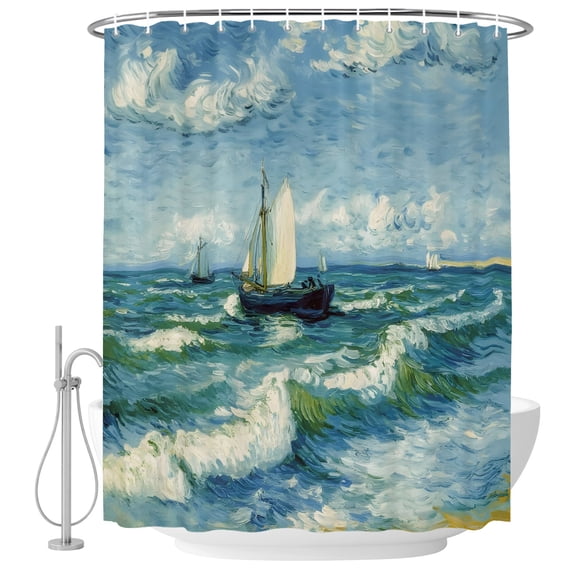 54x78 Inch Shower Curtain Decorative Nautical Sailing Boat Bathtub Bath Curtains Fabric Waterproof Bathroom Decor, Ocean Coastal Sea Waves Sky Small Stall Shower Curtain Set with 12 Hooks