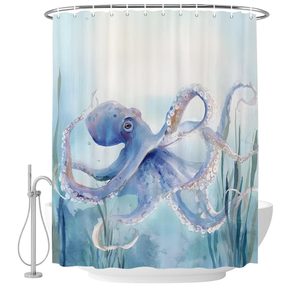 54x78 Inch Shower Curtain Decorative Ocean Octopus Bathtub Bath Curtains Fabric Waterproof Bathroom Decor, Coastal Seagrass Blue Nautical Seaweed Small Stall Shower Curtain Set with 12 Hooks