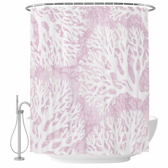54x78 Inch Shower Curtain Decorative Pink Coral Coastal Bathtub Bath Curtains Fabric Waterproof Bathroom Decor, White Summer Beach Ocean Seaside Small Stall Shower Curtain Set with 12 Hooks