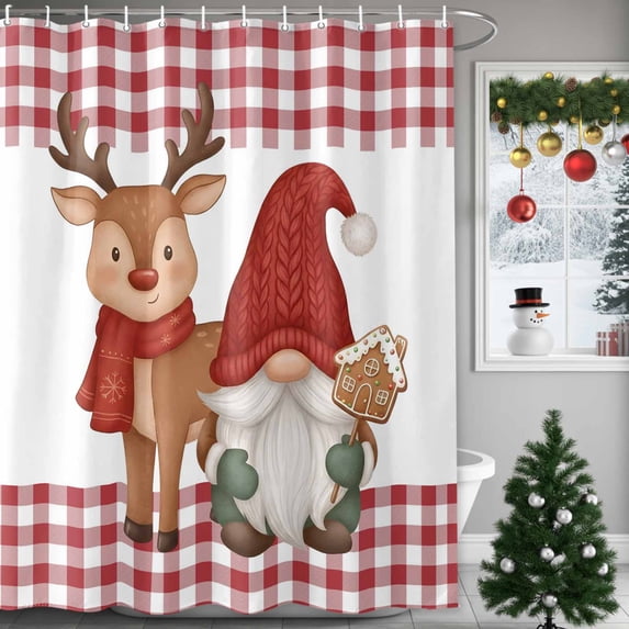 54x78 Inch Shower Curtain Decorative Red Christmas Bathtub Bath Curtains Fabric Waterproof Bathroom Decor, Gnomes Elk Xmas Red Plaid Small Stall Shower Curtain Set with 12 Hooks