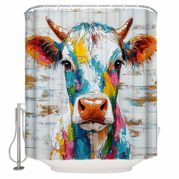 54x78 Inch Shower Curtain Decorative Rustic Colorful Cow Bathtub Bath Curtains Fabric Waterproof Bathroom Decor Modern Oil Abstract Painting Animals Small Stall Shower Curtain Set with 12 Hooks