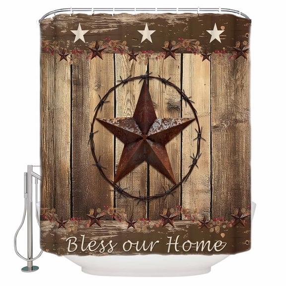 54x78 Inch Shower Curtain Decorative Rustic Country Bathtub Bath Curtains Fabric Waterproof Bathroom Decor Western Stars Brown Texture Wooden Print Small Stall Shower Curtain Set with 12 Hooks