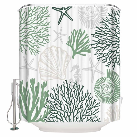 54x78 Inch Shower Curtain Decorative Sage Green Coastal Bathtub Bath Curtains Fabric Waterproof Bathroom Decor Ocean Coral Starfish Shell Seahorse Small Stall Shower Curtain Set with 12 Hooks
