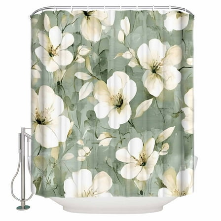 54x78 Inch Shower Curtain Decorative Spring Floral Bathtub Bath Curtains Fabric Waterproof Bathroom Decor Sage Green Flowers Summer Botanical Small Stall Shower Curtain Set with 12 Hooks