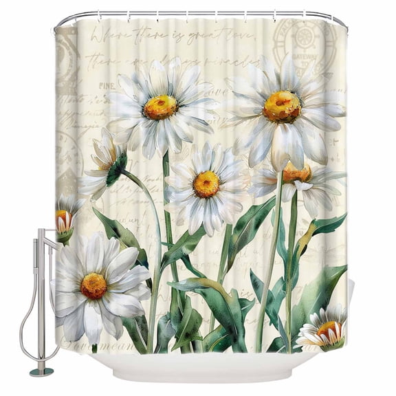 54x78 Inch Shower Curtain Decorative Spring Floral Bathtub Bath Curtains Fabric Waterproof Bathroom Decor Vintage Summer Botanical White Daisy Small Stall Shower Curtain Set with 12 Hooks