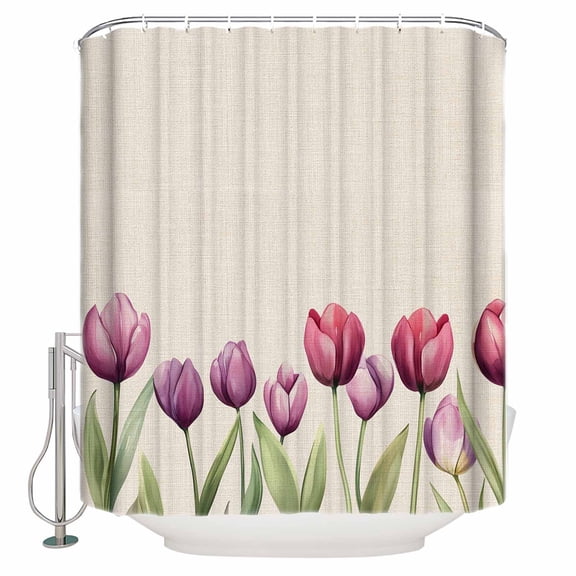 54x78 Inch Shower Curtain Decorative Spring Tulips Bathtub Bath Curtains Fabric Waterproof Bathroom Decor Vintage Pink Purple Elegant Flowers Small Stall Shower Curtain Set with 12 Hooks
