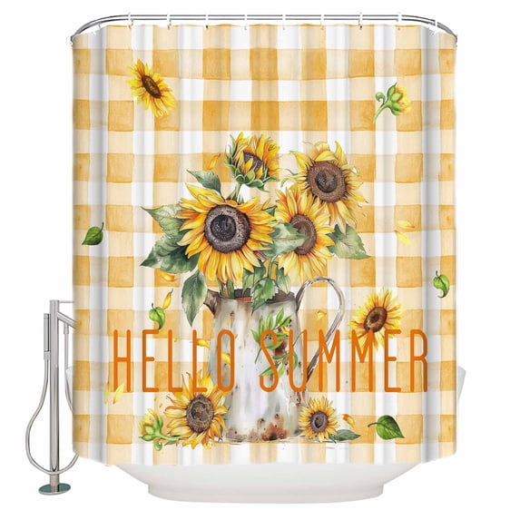 54x78 Inch Shower Curtain Decorative Sunflower Bathtub Bath Curtains Fabric Waterproof Bathroom Decor Yellow Checkered Summer Bee Botanical Small Stall Shower Curtain Set with 12 Hooks
