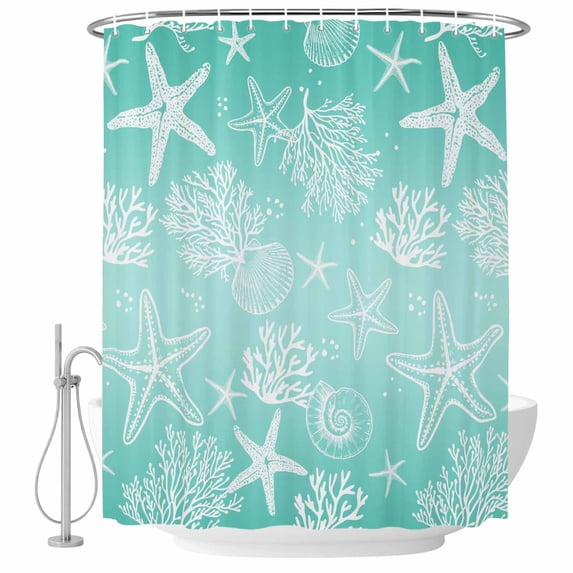 54x78 Inch Shower Curtain Decorative Teal Ombre Coastal Bathtub Bath Curtains Fabric Waterproof Bathroom Decor, Nautical Beach Starfish Coral Summer Small Stall Shower Curtain Set with 12 Hooks