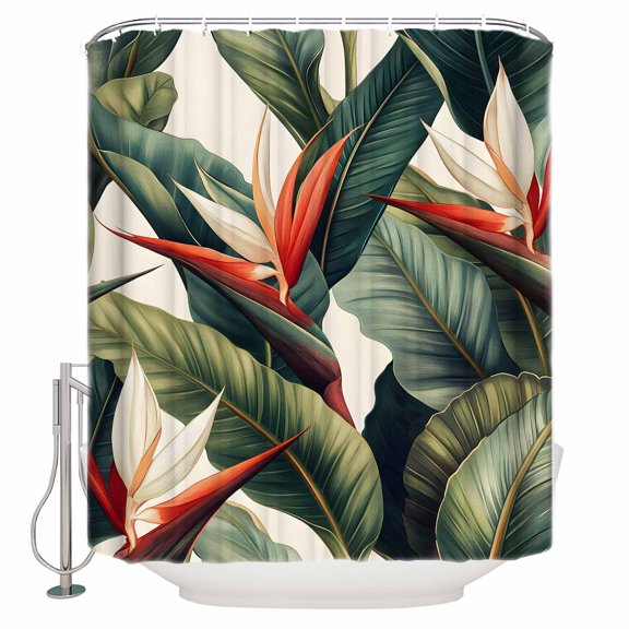54x78 Inch Shower Curtain Decorative Tropical Plants Bathtub Bath Curtains Fabric Waterproof Bathroom Decor Watercolor Summer Botanical Leaves Small Stall Shower Curtain Set with 12 Hooks