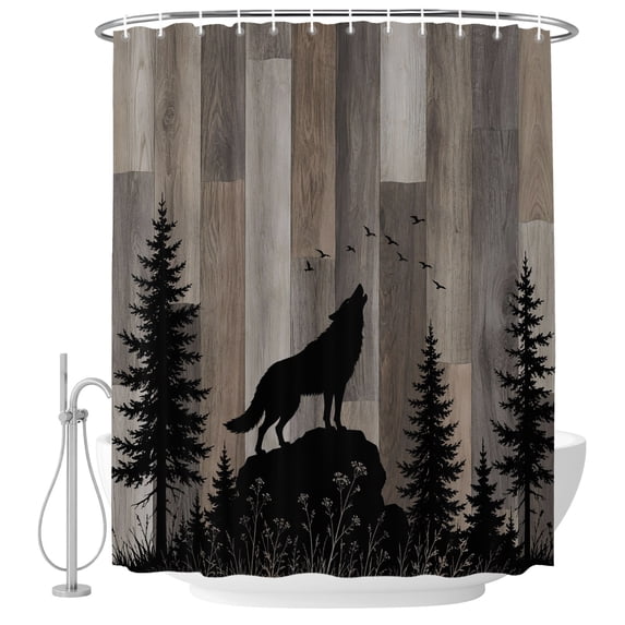 54x78 Inch Shower Curtain Decorative Wild Wolf Bathtub Bath Curtains Fabric Waterproof Bathroom Decor, Farmhouse Forest Trees Wood Grain Brown Small Stall Shower Curtain Set with 12 Hooks
