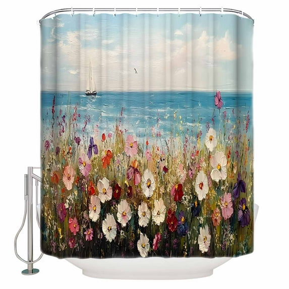 54x78 Inch Shower Curtain Decorative Wildflowers Oil Painted Bathtub Bath Curtains Fabric Waterproof Bathroom Decor Sky Blue Ocean Landscape Small Stall Shower Curtain Set with 12 Hooks