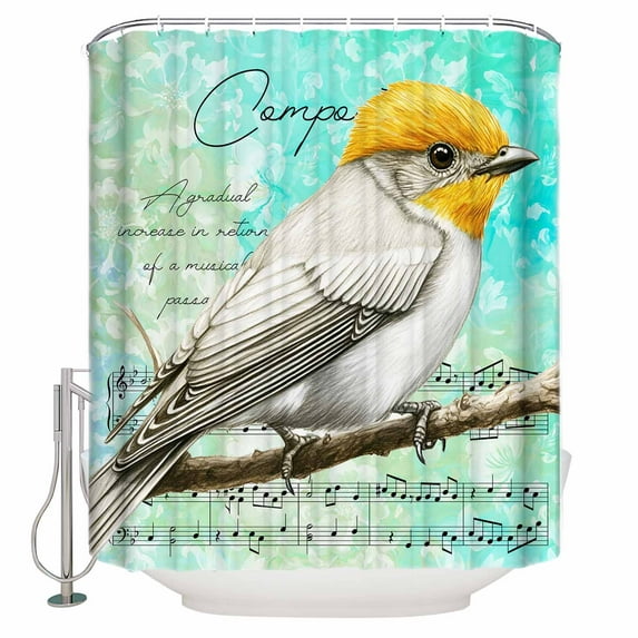 54x78 Inch Shower Curtain Decorative Yellow Bird Bathtub Bath Curtains Fabric Waterproof Bathroom Decor Music Farmhouse Animals Country Teal Small Stall Shower Curtain Set with 12 Hooks