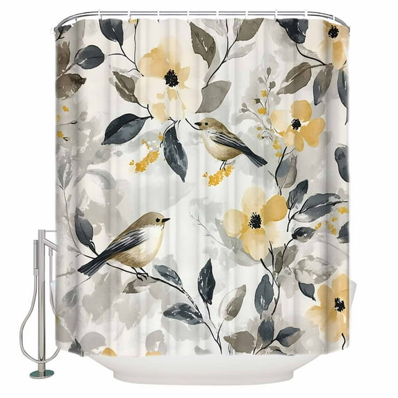 54x78 Inch Shower Curtain Decorative Yellow Grey Botanical Bathtub Bath Curtains Fabric Waterproof Bathroom Decor Spring Floral Birds Watercolor Small Stall Shower Curtain Set with 12 Hooks