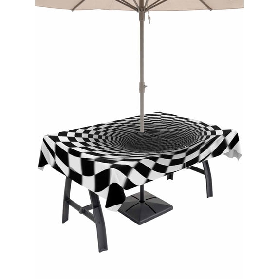 54x80 Inch Outdoor Tablecloth with Umbrella Hole Zipper Rectangle 3D Optical Illusion Rectangular Tablecloths Outside Waterproof Black White Checkered Plaid Visual Trap Patio Table Cover for Picnic