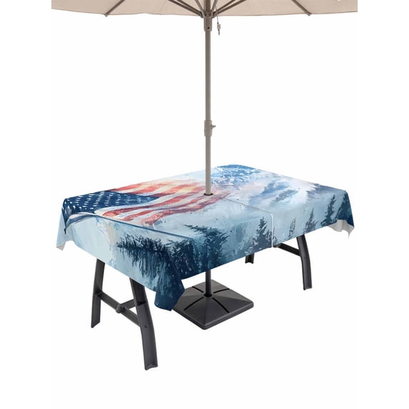 54x80 Inch Outdoor Tablecloth with Umbrella Hole Zipper Rectangle 4th of July Rectangular Tablecloths Outside Waterproof Blue Mountain Forest Independence Day Patio Table Cloth Cover for Picnic Party