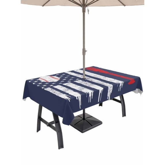 54x80 Inch Outdoor Tablecloth with Umbrella Hole Zipper Rectangle American Flag Rectangular Tablecloths Outside Waterproof US Flag Baseball Stars Navy Blue Patio Table Cloth Cover for Picnic Party