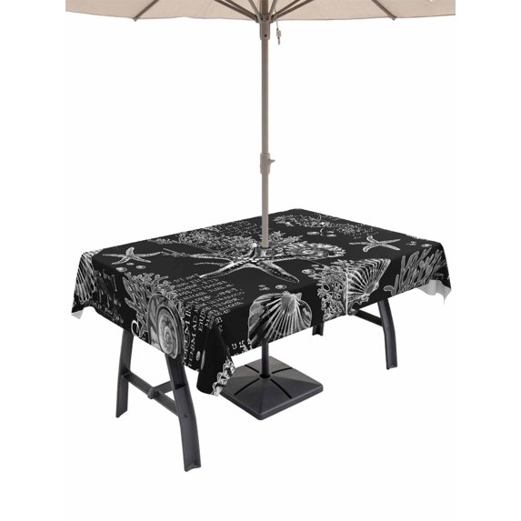 54x80 Inch Outdoor Tablecloth with Umbrella Hole Zipper Rectangle Black Coastal Rectangular Tablecloths Outside Waterproof Nautical Ocean Starfish Seashells Coral Patio Table Cover for Picnic Party