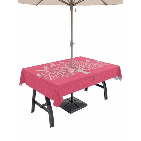 54x80 Inch Outdoor Tablecloth with Umbrella Hole Zipper Rectangle Black Tree Rectangular Tablecloths Outside Waterproof Birds Vintage Farmhouse Pink Patio Table Cloth Cover for Picnic Party