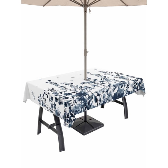 54x80 Inch Outdoor Tablecloth with Umbrella Hole Zipper Rectangle Blue Botanical Rectangular Tablecloths Outside Waterproof Dragonfly Flower Leaf Retro Ink Style Patio Table Cover for Picnic Party