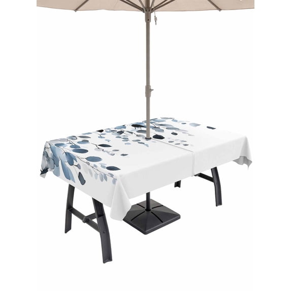 54x80 Inch Outdoor Tablecloth with Umbrella Hole Zipper Rectangle Blue Eucalyptus Leaves Rectangular Tablecloths Outside Waterproof Watercolor Summer Leaf Patio Table Cloth Cover for Picnic Party