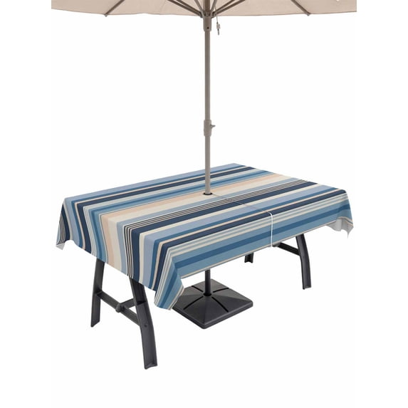54x80 Inch Outdoor Tablecloth with Umbrella Hole Zipper Rectangle Blue Grey Beige Striped Rectangular Tablecloths Outside Waterproof Farmhouse Vintage Stripe Patio Table Cloth Cover for Picnic Party