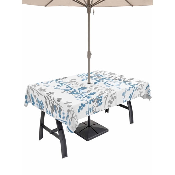 54x80 Inch Outdoor Tablecloth with Umbrella Hole Zipper Rectangle Blue Grey Botanical Rectangular Tablecloths Outside Waterproof Spring Floral Summer Farmhouse Patio Table Cover for Picnic Party