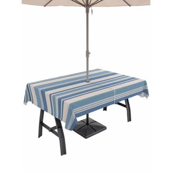 54x80 Inch Outdoor Tablecloth with Umbrella Hole Zipper Rectangle Blue Striped Rectangular Tablecloths Outside Waterproof Farmhouse Vintage Stripe Patio Table Cloth Cover for Picnic Party