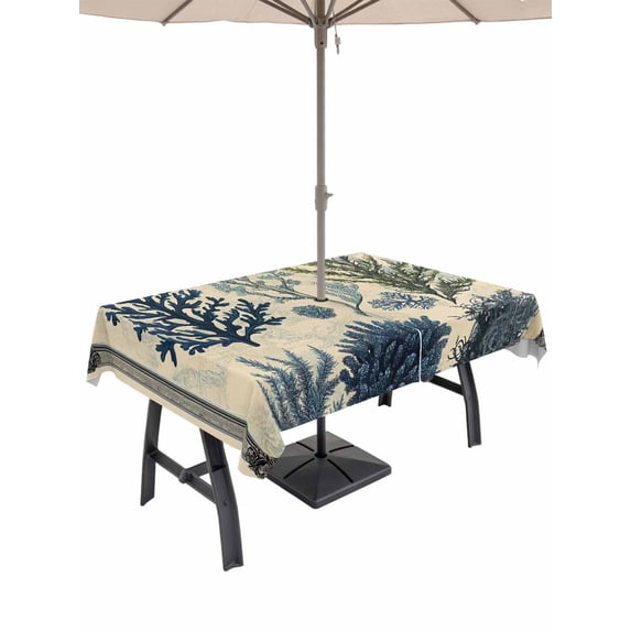 54x80 Inch Outdoor Tablecloth with Umbrella Hole Zipper Rectangle Blue Vintage Coral Rectangular Tablecloths Outside Waterproof Retro Summer Botanical Patio Table Cloth Cover for Picnic Party