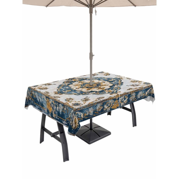 54x80 Inch Outdoor Tablecloth with Umbrella Hole Zipper Rectangle Boho Blue Rectangular Tablecloths Outside Waterproof Vintage Southwestern Geometric Ethnic Patio Table Cloth Cover for Picnic Party