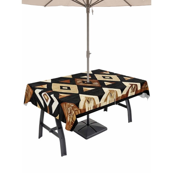 54x80 Inch Outdoor Tablecloth with Umbrella Hole Zipper Rectangle Boho Geometric Rectangular Tablecloths Outside Waterproof Vintage Abstract Ethnic Tribal Patio Table Cloth Cover for Picnic Party