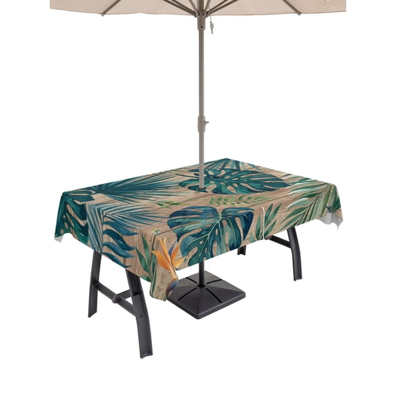 54x80 Inch Outdoor Tablecloth with Umbrella Hole Zipper Rectangle Brown Green Palm Leaf Rectangular Tablecloths Outside Waterproof Summer Tropical Botanical Vintage Patio Table Cloth Cover for Picnic