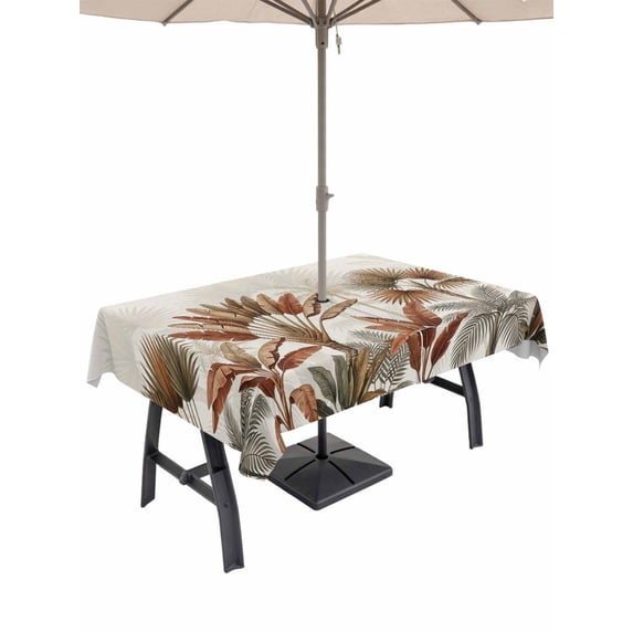 54x80 Inch Outdoor Tablecloth with Umbrella Hole Zipper Rectangle Brown Palm Trees Rectangular Tablecloths Outside Waterproof Tropical Summer Botanical Seaside Patio Table Cloth Cover for Picnic