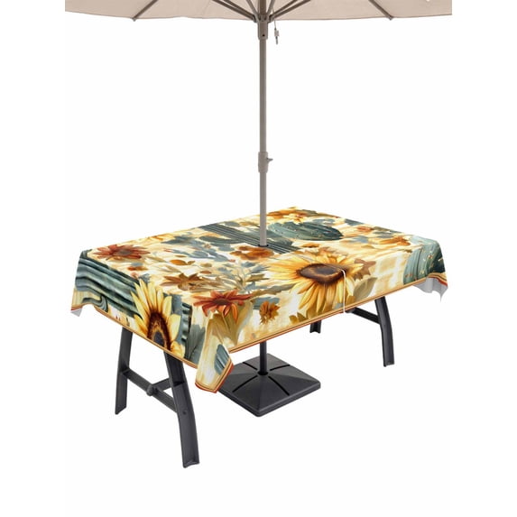 54x80 Inch Outdoor Tablecloth with Umbrella Hole Zipper Rectangle Cactus Sunflowers Rectangular Tablecloths Outside Waterproof Watercolor Summer Floral Patio Table Cloth Cover for Picnic Party